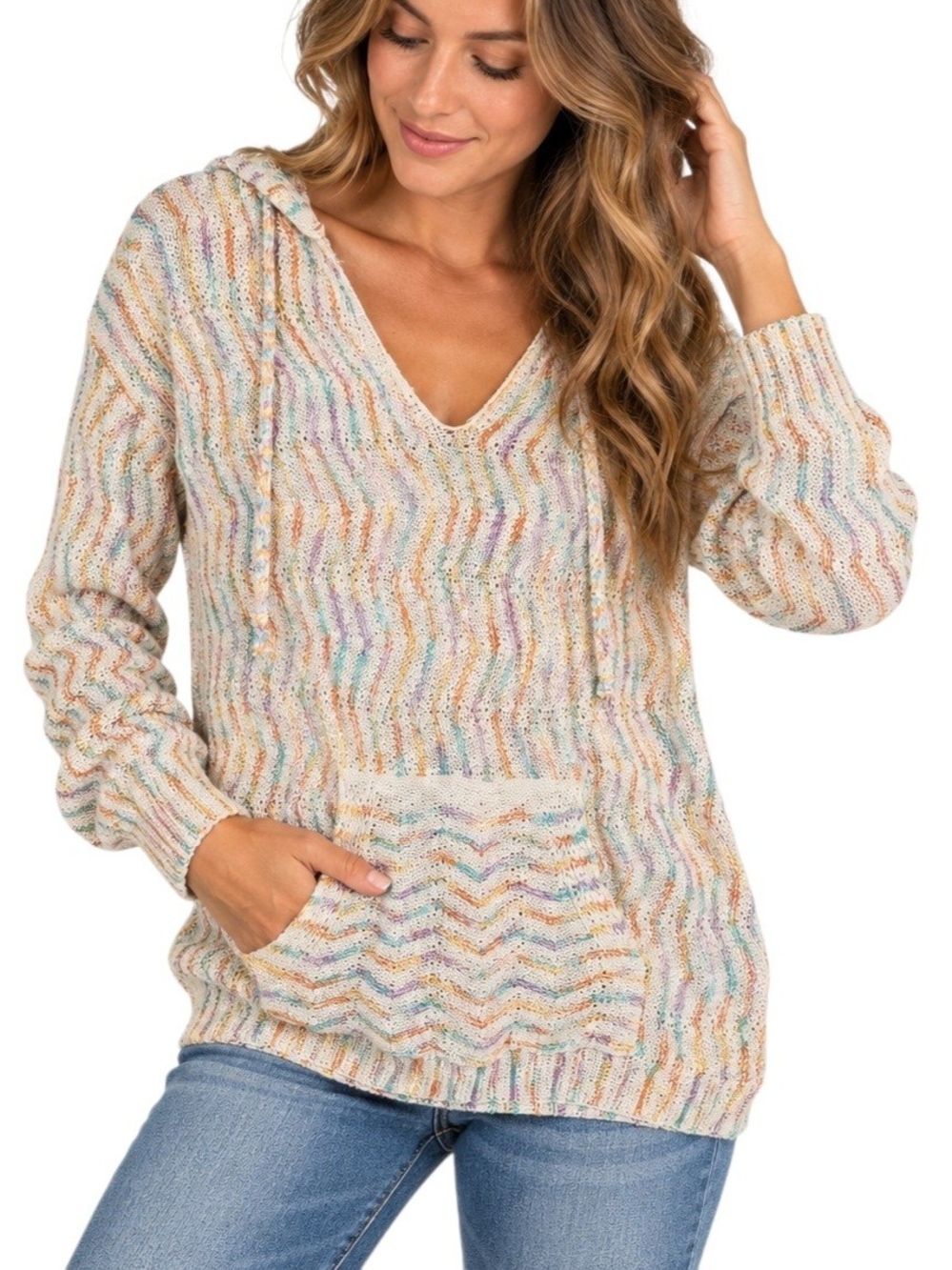 Mystree Women’s Small Hoodie Open Knit Sweater Multicolor Striped Boho Pocket